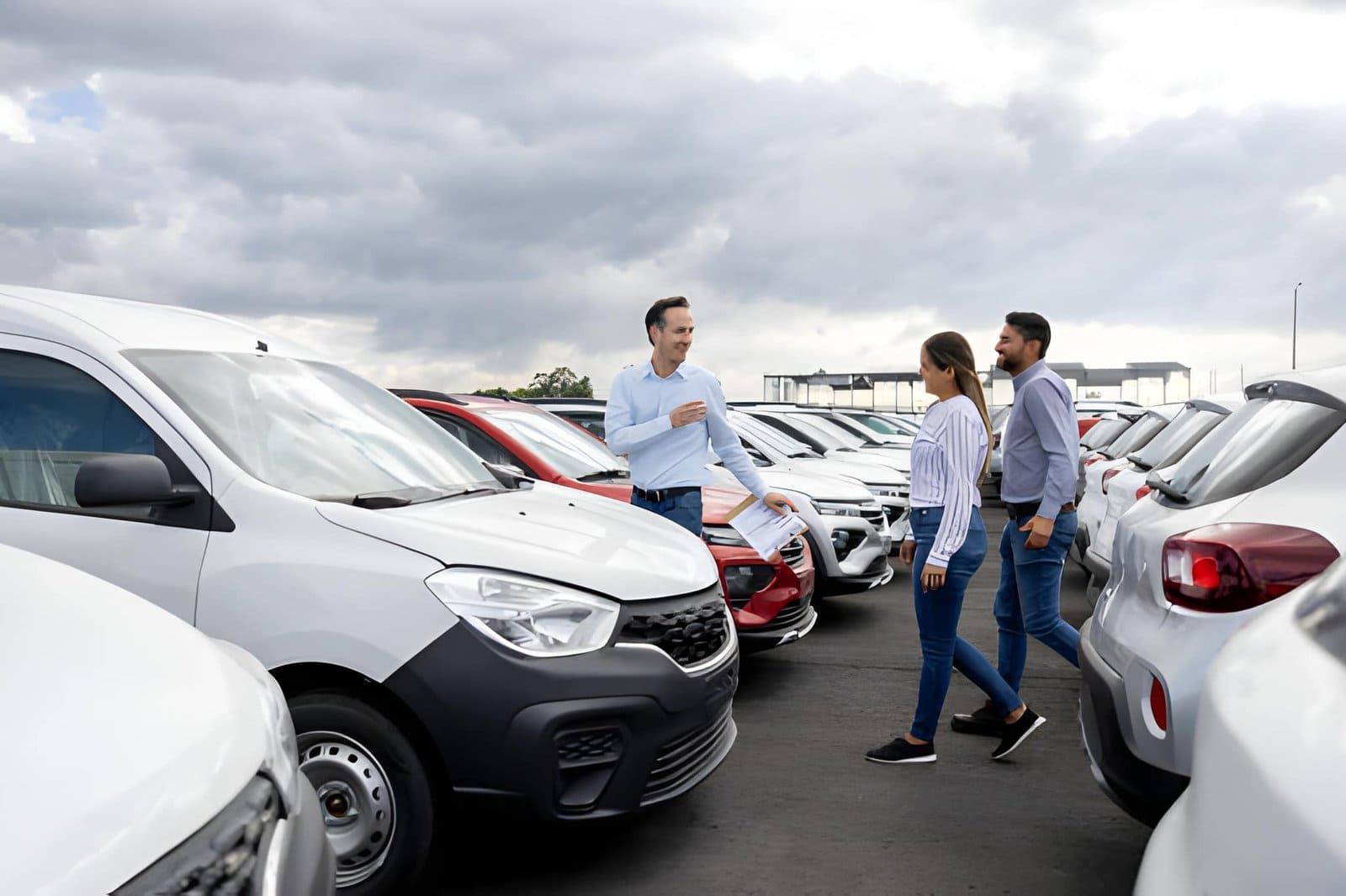 Used car dealers Bradenton salesperson showing vehicles to customers on dealership lot with multiple parked cars