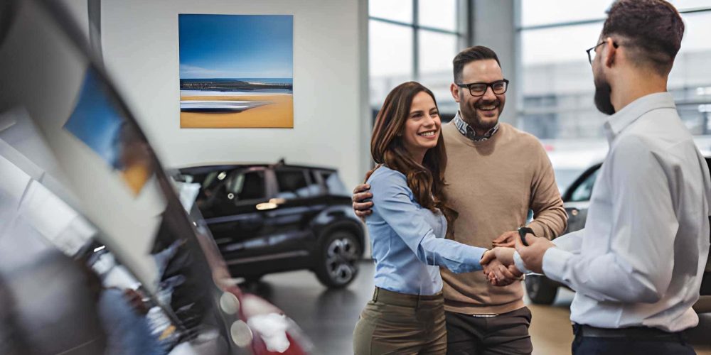 Auto dealers Bradenton FL—couple shakes hands with salesperson inside modern car dealership showroom.