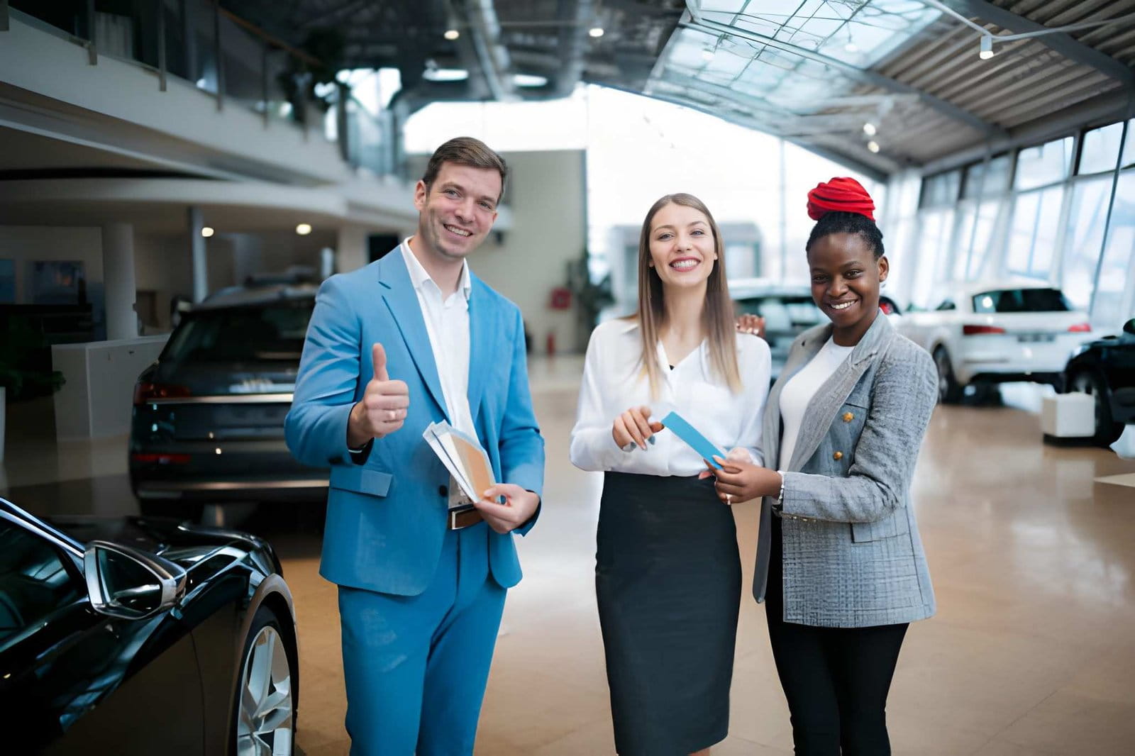 Auto trader cars for sale near me—customers with color swatches consulting in modern dealership showroom.