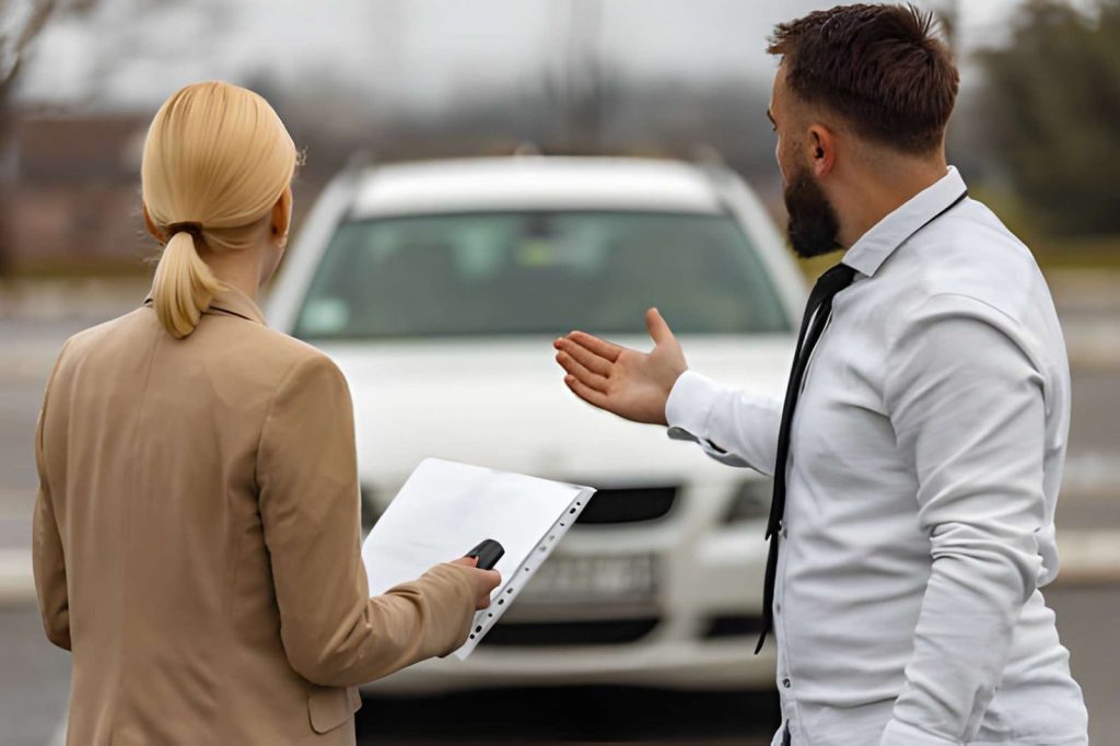 Used car dealers Bradenton—professionals inspecting white car and reviewing documents during evaluation.