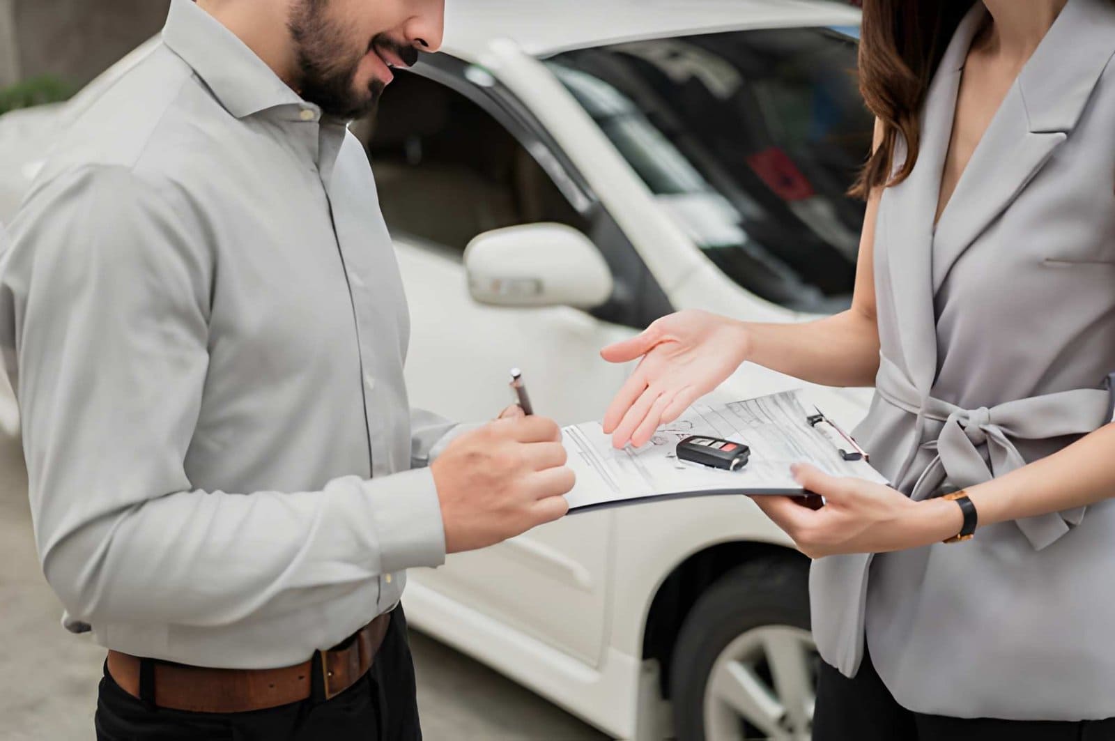 Used car dealers Bradenton—customer signing paperwork with dealer beside white car during transaction.
