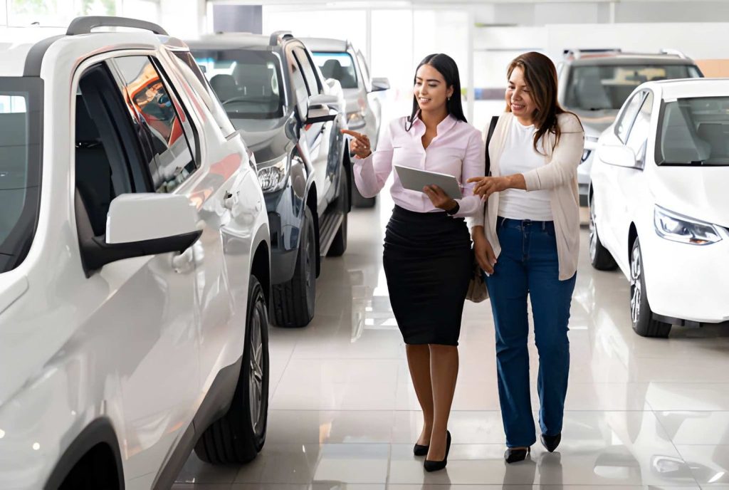 Bradenton FL auto dealers showroom with SUVs and sedans as sales consultant shows customer details on tablet
