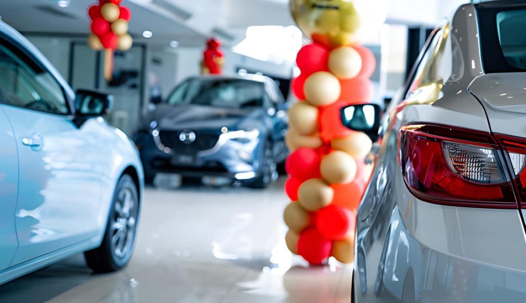 Auto sales in Sarasota FL showroom displaying new vehicles with promotional decorations and bright lighting.