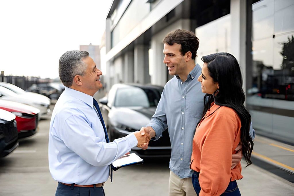Car dealers in Venice FL assisting customers with vehicle purchase and professional handshake outside dealership.