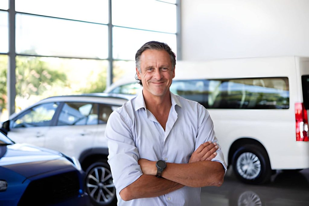 Bradenton auto dealers professional standing in showroom with cars on display and natural light from large windows.