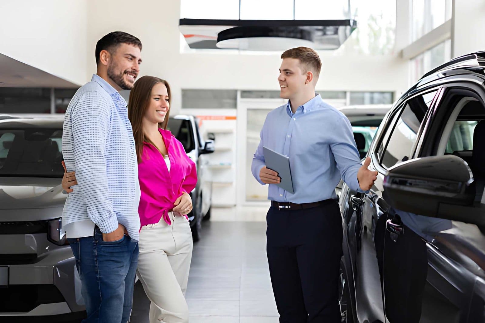 Used car dealers in Venice Florida salesperson with tablet presenting black car to customers in bright showroom.