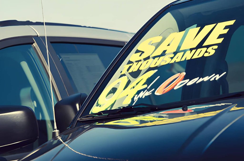 Used Car Dealers Venice FL vehicle with windshield promotion advertising savings and $0 down offer.